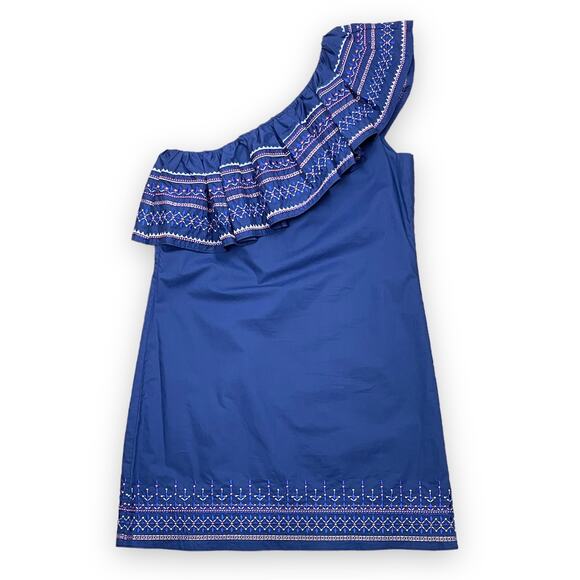Parker | NWT Katrina Lazuli Blue Embroidered Ruffle One Shoulder Mini Dress - Picture 3 of 12